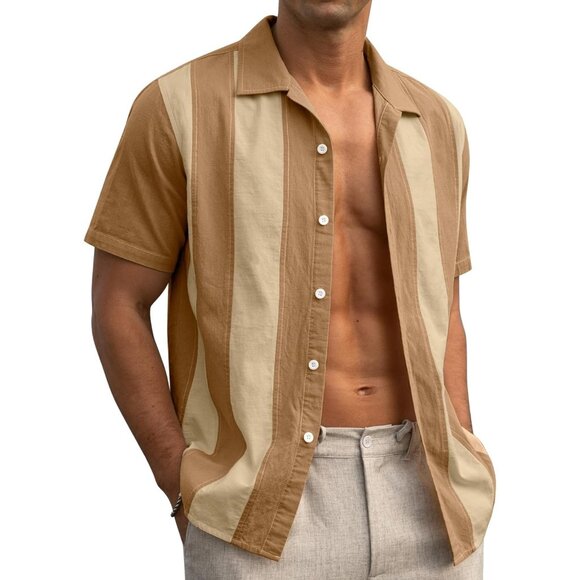 Men's Linen Shirt Short Sleeve Vintage Shirt Summer Casual Button Down - Picture 4 of 6